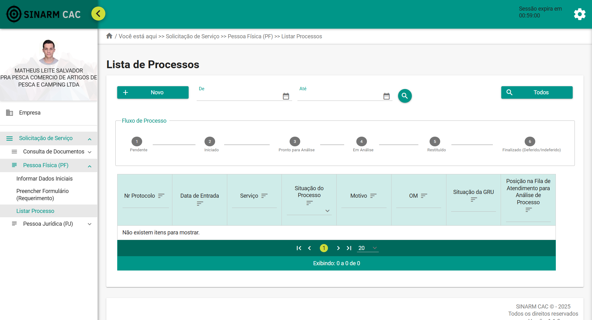 SINARM CAC — Lista de Processos